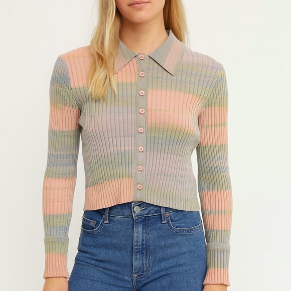 Urban Outfitters Pastel Ribbed Cropped Cardigan Y2K Baby Doll Top M - Picture 1 of 11